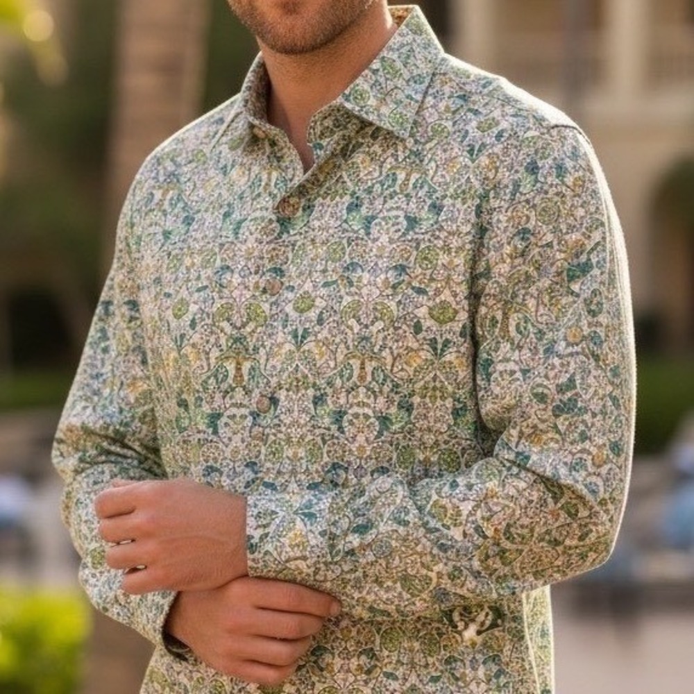 Bogosse Green Floral Damask Cotton Button Down Shirt Mens XXL Made‎ in Turkey